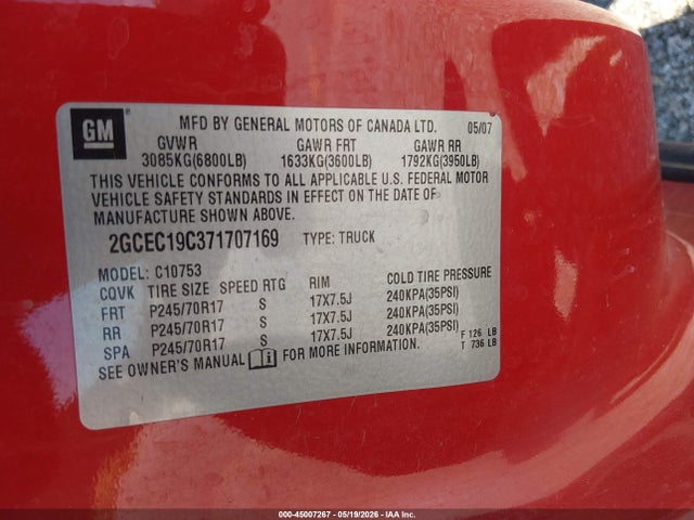 2007 Chevrolet Silverado 1500 Lt1 მანქანა იყიდება აუქციონზე, vin: 2GCEC19C371707169, აუქციონის ნომერი: 45007267