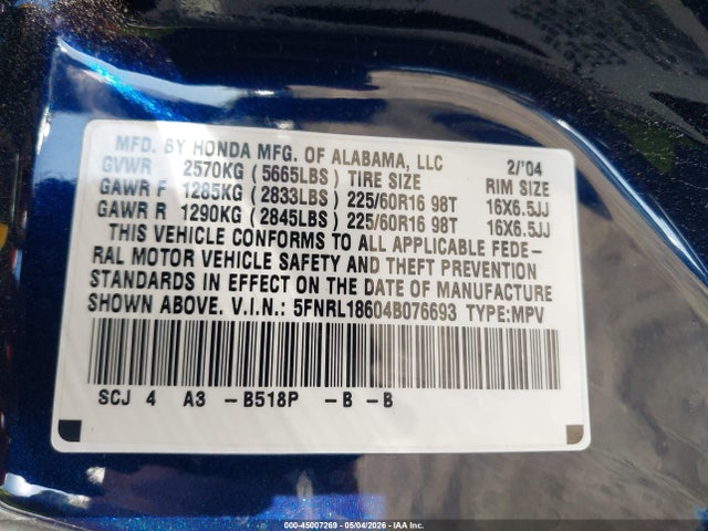 45007269 :رقم المزاد ، 5FNRL18604B076693 vin ، 2004 Honda Odyssey Ex مزاد بيع
