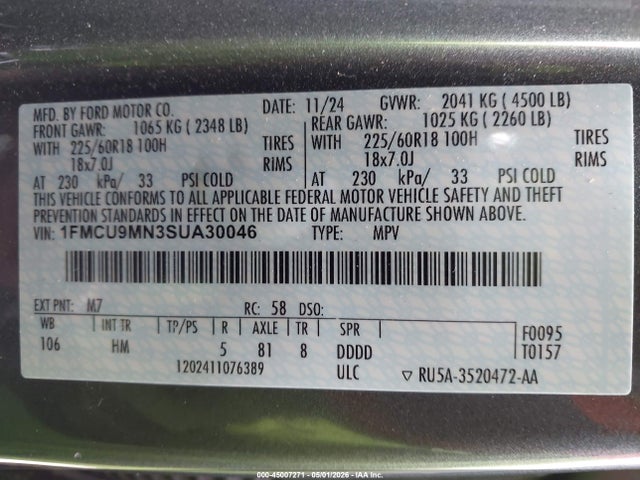 45007271 :رقم المزاد ، 1FMCU9MN3SUA30046 vin ، 2025 Ford Escape St-line مزاد بيع
