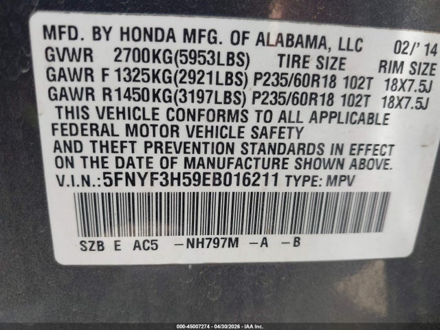 5FNYF3H59EB016211 Honda Pilot Ex-l