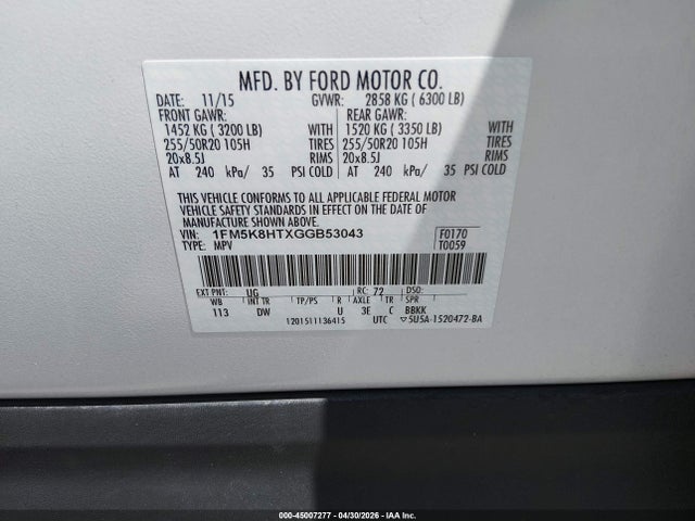 Aukcja sprzedaży 2016 Ford Explorer Platinum, vin: 1FM5K8HTXGGB53043, numer aukcji: 45007277