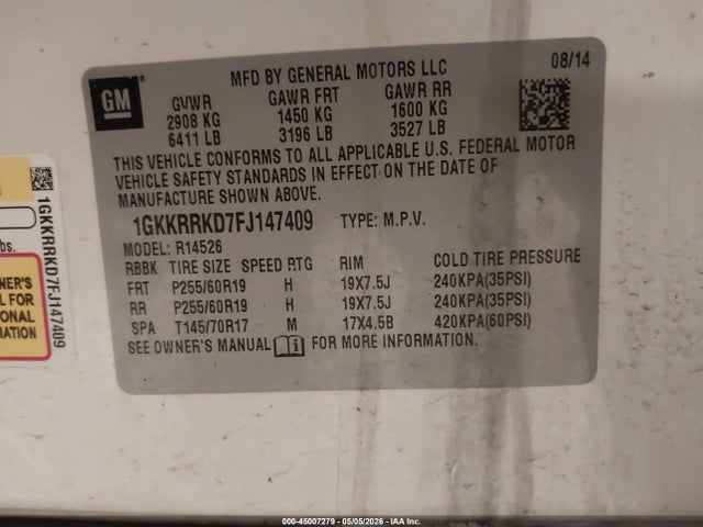 Продаж на аукціоні авто 2015 Gmc Acadia Slt-1, vin: 1GKKRRKD7FJ147409, номер лоту: 45007279