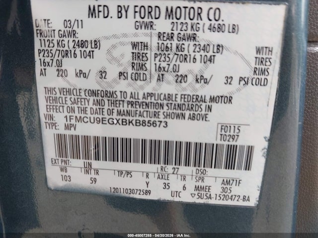 2011 Ford Escape Limited მანქანა იყიდება აუქციონზე, vin: 1FMCU9EGXBKB85673, აუქციონის ნომერი: 45007285