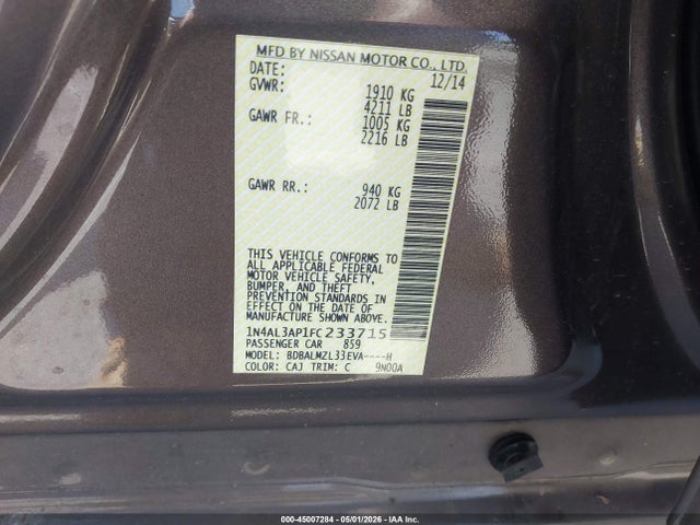 Aukcja sprzedaży 2015 Nissan Altima 2.5 Sv, vin: 1N4AL3AP1FC233715, numer aukcji: 45007284
