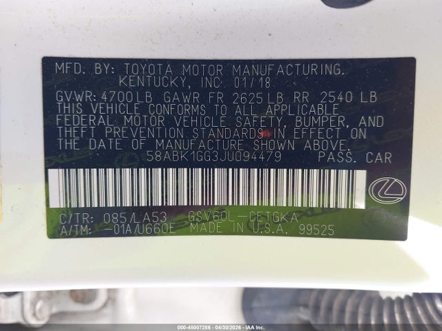 45007286 :رقم المزاد ، 58ABK1GG3JU094479 vin ، 2018 Lexus Es 350 مزاد بيع