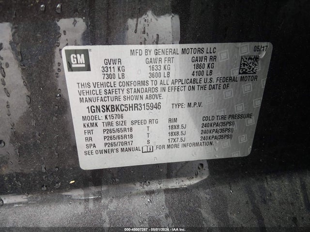 45007287 :رقم المزاد ، 1GNSKBKC5HR315946 vin ، 2017 Chevrolet Tahoe Lt مزاد بيع