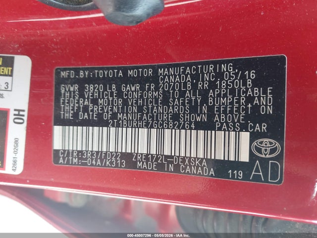 Aukcja sprzedaży 2016 Toyota Corolla L/le/le Plus/le Premium/s/s Plus/s Premium/s W/special Edition Pkg, vin: 2T1BURHE7GC682764, numer aukcji: 45007296