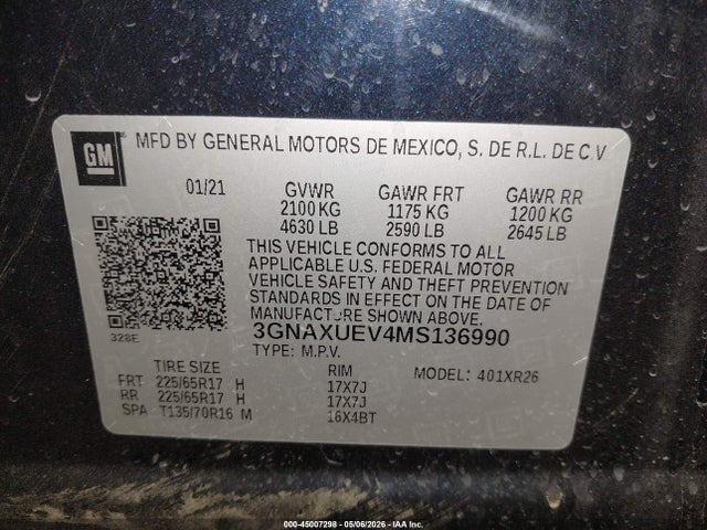 2021 Chevrolet Equinox Awd Lt მანქანა იყიდება აუქციონზე, vin: 3GNAXUEV4MS136990, აუქციონის ნომერი: 45007298
