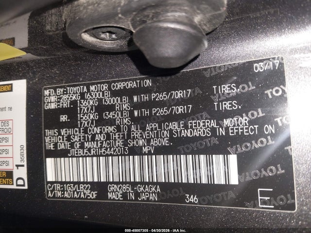 Aukcja sprzedaży 2017 Toyota 4runner Sr5, vin: JTEBU5JR1H5442013, numer aukcji: 45007305
