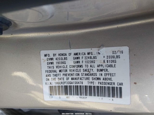 Aukcja sprzedaży 2016 Honda Accord Lx, vin: 1HGCR2F30GA156478, numer aukcji: 45007308