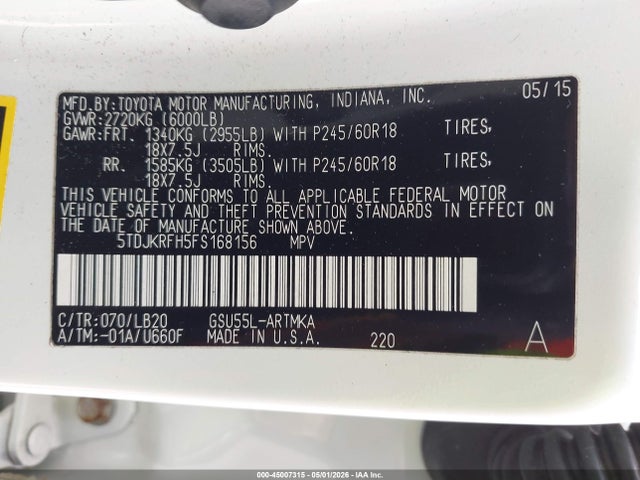 5TDJKRFH5FS168156 Toyota Highlander Xle V6