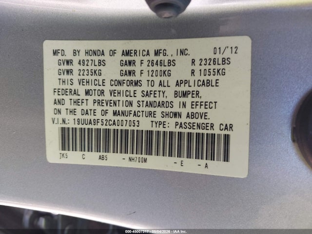 Aukcja sprzedaży 2012 Acura Tl 3.7, vin: 19UUA9F52CA007053, numer aukcji: 45007317