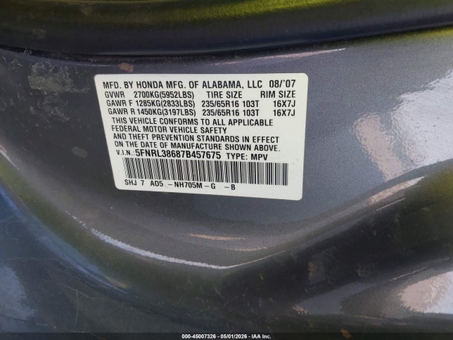 45007326 :رقم المزاد ، 5FNRL38687B457675 vin ، 2007 Honda Odyssey Ex-l مزاد بيع