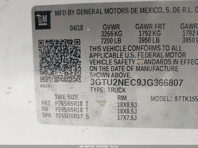 Aukcja sprzedaży 2018 Gmc Sierra 1500 Slt, vin: 3GTU2NEC9JG366807, numer aukcji: 45007340