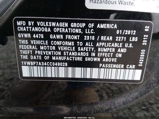 2012 Volkswagen Passat 2.5l Se მანქანა იყიდება აუქციონზე, vin: 1VWBP7A34CC049028, აუქციონის ნომერი: 45007345