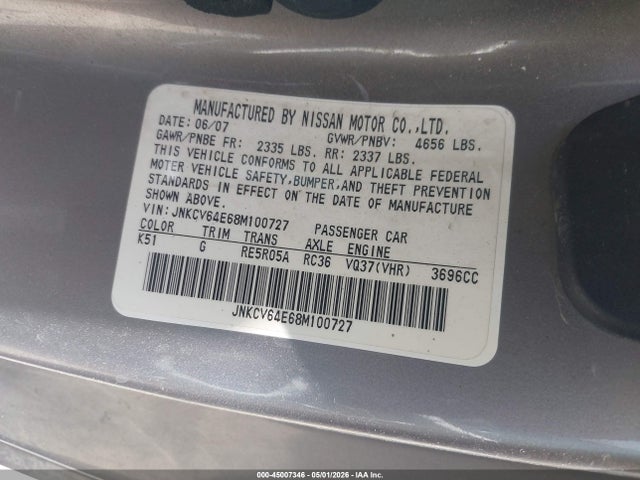 2008 Infiniti G37 Journey მანქანა იყიდება აუქციონზე, vin: JNKCV64E68M100727, აუქციონის ნომერი: 45007346