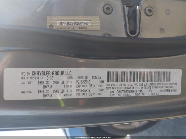 2012 Jeep Compass Limited მანქანა იყიდება აუქციონზე, vin: 1C4NJCCB3CD601840, აუქციონის ნომერი: 45007352