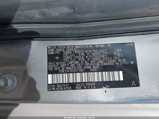 45007358 :رقم المزاد ، 5TBET34105S471483 vin ، 2005 Toyota Tundra Sr5 V8 مزاد بيع