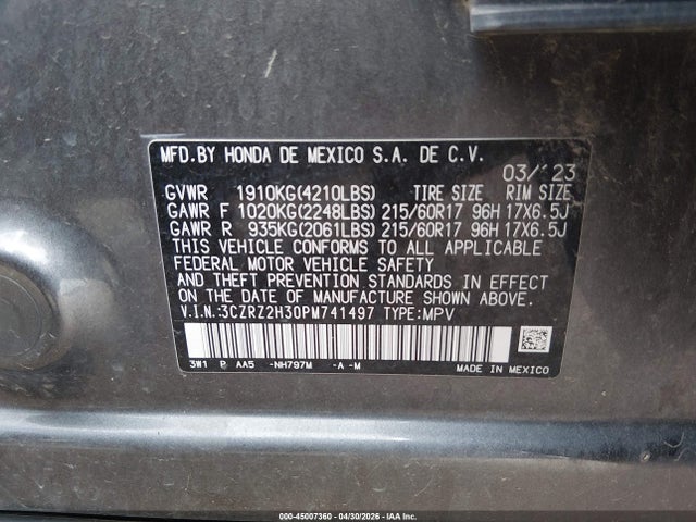 Aukcja sprzedaży 2023 Honda Hr-v Awd Lx, vin: 3CZRZ2H30PM741497, numer aukcji: 45007360