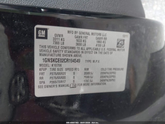 2012 Chevrolet Tahoe Ltz მანქანა იყიდება აუქციონზე, vin: 1GNSKCE02CR194549, აუქციონის ნომერი: 45007362
