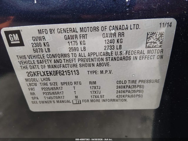 Продаж на аукціоні авто 2015 Gmc Terrain Slt-1, vin: 2GKFLXEK0F6215113, номер лоту: 45007363