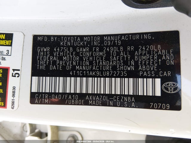 Aukcja sprzedaży 2020 Toyota Camry Le, vin: 4T1C11AK9LU872735, numer aukcji: 45007364