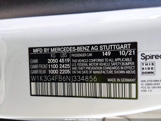 Aukcja sprzedaży 2022 Mercedes-benz A 220 4matic, vin: W1K3G4FB6NJ334856, numer aukcji: 45007371