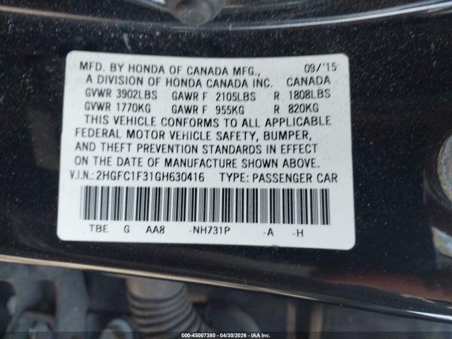 Продажа на аукционе авто 2016 Honda Civic Ex-t, vin: 2HGFC1F31GH630416, номер лота: 45007380