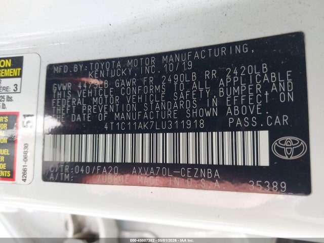 45007382 :رقم المزاد ، 4T1C11AK7LU311918 vin ، 2020 Toyota Camry Le مزاد بيع