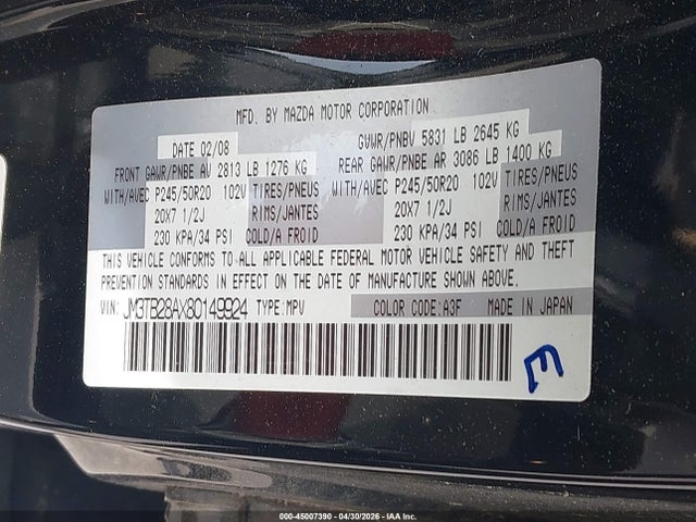 Продаж на аукціоні авто 2008 Mazda Cx-9 Grand Touring, vin: JM3TB28AX80149924, номер лоту: 45007390
