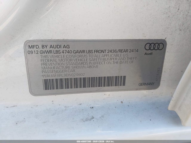 2013 Audi A4 2.0t Premium მანქანა იყიდება აუქციონზე, vin: WAUAFAFL3DN024602, აუქციონის ნომერი: 45007395