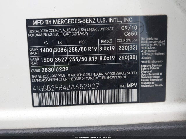 Продажа на аукционе авто 2011 Mercedes-benz Ml 350 Bluetec 4matic, vin: 4JGBB2FB4BA652927, номер лота: 45007399
