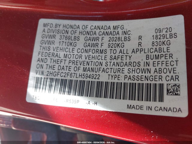 45007404 :رقم المزاد ، 2HGFC2F67LH594922 vin ، 2020 Honda Civic Lx مزاد بيع