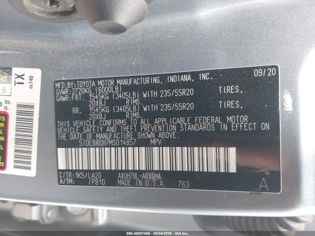 Aukcja sprzedaży 2021 Toyota Highlander Hybrid Platinum, vin: 5TDEBRCH7MS014857, numer aukcji: 45007408