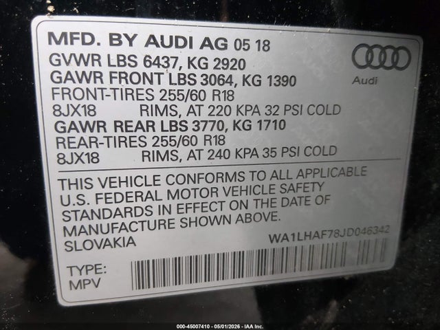 45007410 :رقم المزاد ، WA1LHAF78JD046342 vin ، 2018 Audi Q7 2.0t Premium مزاد بيع