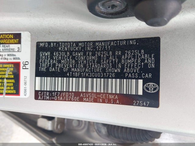 Продаж на аукціоні авто 2012 Toyota Camry Le, vin: 4T1BF1FK3CU031726, номер лоту: 45007420