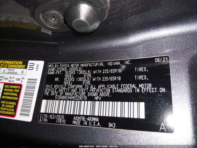 Aukcja sprzedaży 2021 Toyota Highlander Hybrid Xle, vin: 5TDHBRCH4MS529019, numer aukcji: 45007424
