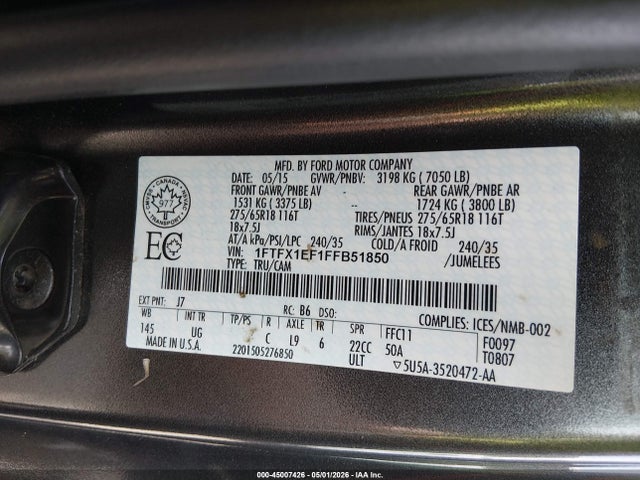 45007426 :رقم المزاد ، 1FTFX1EF1FFB51850 vin ، 2015 Ford F-150 Lariat/xl/xlt مزاد بيع
