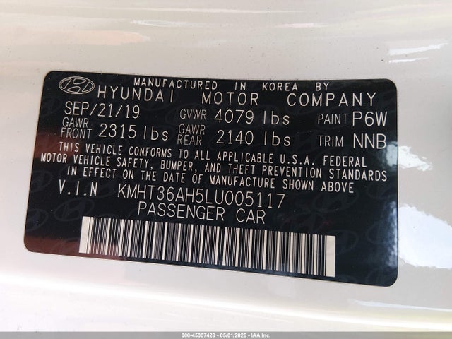 45007429 :رقم المزاد ، KMHT36AH5LU005117 vin ، 2020 Hyundai Veloster N مزاد بيع