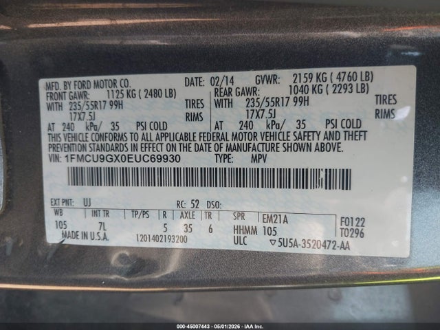 Продаж на аукціоні авто 2014 Ford Escape Se, vin: 1FMCU9GX0EUC69930, номер лоту: 45007443