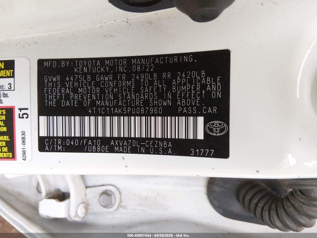 2023 Toyota Camry Le მანქანა იყიდება აუქციონზე, vin: 4T1C11AK5PU087960, აუქციონის ნომერი: 45007444