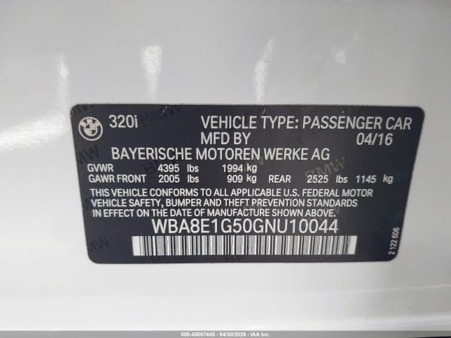 Продаж на аукціоні авто 2016 Bmw 320i, vin: WBA8E1G50GNU10044, номер лоту: 45007445