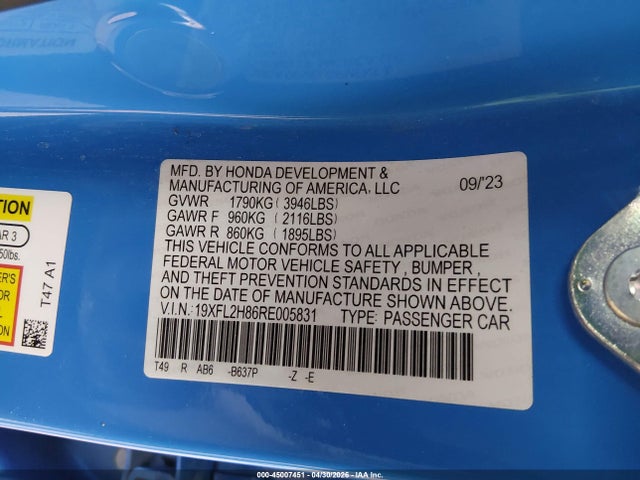 19XFL2H86RE005831 Honda Civic Sport