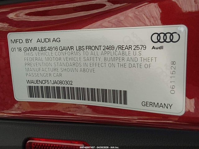 Продажа на аукционе авто 2018 Audi A5 2.0t Premium, vin: WAUENCF51JA080302, номер лота: 45007457