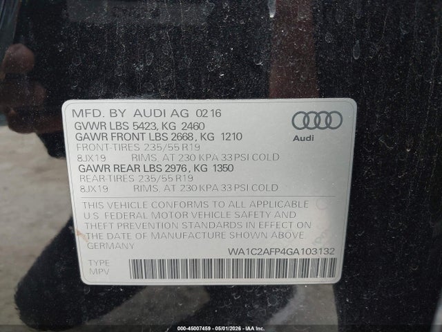 Aukcja sprzedaży 2016 Audi Q5 2.0t Premium, vin: WA1C2AFP4GA103132, numer aukcji: 45007459