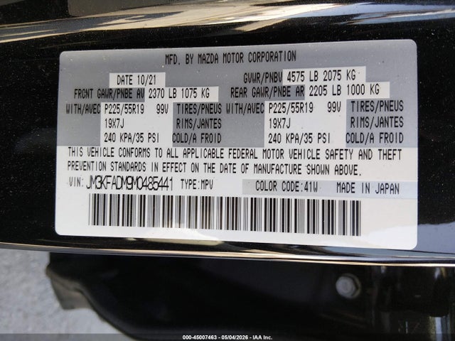 Продажа на аукционе авто 2021 Mazda Cx-5 Grand Touring, vin: JM3KFADM9M0485441, номер лота: 45007463