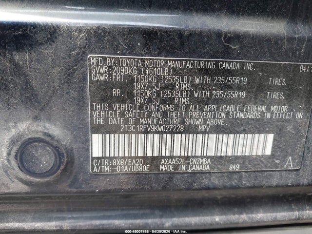 Aukcja sprzedaży 2019 Toyota Rav4 Xle Premium, vin: 2T3C1RFV9KW027228, numer aukcji: 45007466