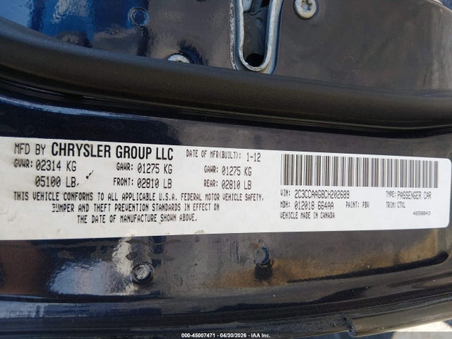 2012 Chrysler 300 მანქანა იყიდება აუქციონზე, vin: 2C3CCAAG8CH202689, აუქციონის ნომერი: 45007471