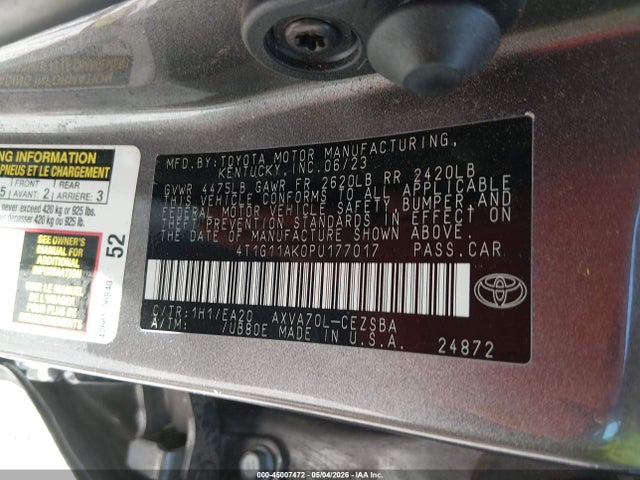 2023 Toyota Camry Se/se Nightshade Edition/se Nightshade Edition Hybrid მანქანა იყიდება აუქციონზე, vin: 4T1G11AK0PU177017, აუქციონის ნომერი: 45007472