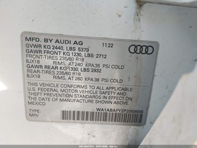 45007475 :رقم المزاد ، WA1ABAFY2P2069556 vin ، 2023 Audi Q5 Premium 40 Tfsi Quattro S Tronic مزاد بيع